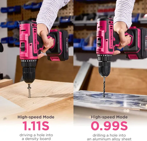 Vista 4 de Juego de taladro inalámbrico rosa de 20 V para mujer, con batería de 2.0 Ah y cargador, portabrocas sin llave de 3/8 pulgadas, herramienta