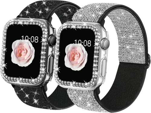 Vista 8 de 2 Pack Bling Stretchy Watch Bands Compatible with Apple Watch Band 40mm 41mm 44mm 45mm iWatch Series 11 10 9 8 7 6 5 4 SE, Adjustable Nylon