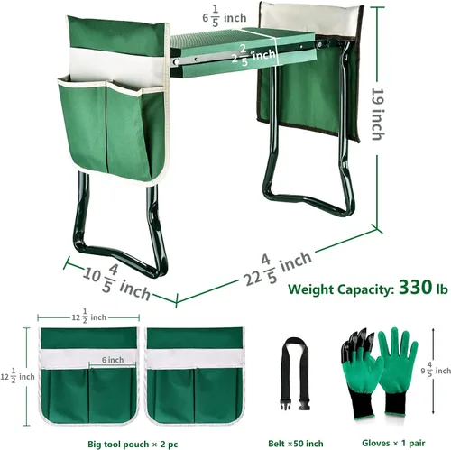 Vista 2 de BESTHLS Rodillero y asiento de jardín, taburete plegable resistente con almohadilla gruesa, 2 bolsas de herramientas, capacidad de 330 libras