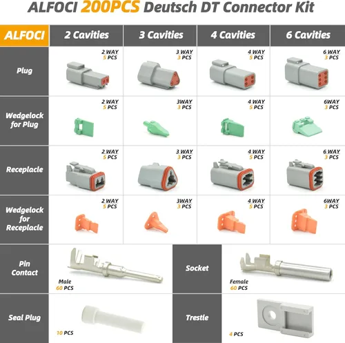 Vista 2 de Kit de conectores Deutsch DT de 200 piezas en 16 kits, conectores DT de 2, 3, 4 y 6 pines, conectores eléctricos impermeables IP67 con 60 pares