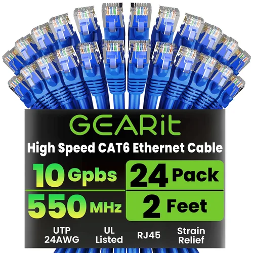 Vista 47 de GEARit Paquete de 24 cables Ethernet Cat6 de 0.5 pies Cable de conexión de red RJ45, conectores chapados en oro sin enganches de 10 Gbps, cable