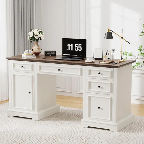 Vista 9 de Vipbear 60" Farmhouse Executive Desk with Drawers and Cabinet, Embossed Texture Wood Home Office Desk, Rustic Computer Writing Desk, Workspace for