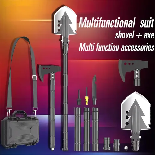 Vista 7 de Pala de camping hacha de supervivencia al aire libre, pala táctica plegable multifuncional, combo de hacha de hacha, equipo de campamento de acero