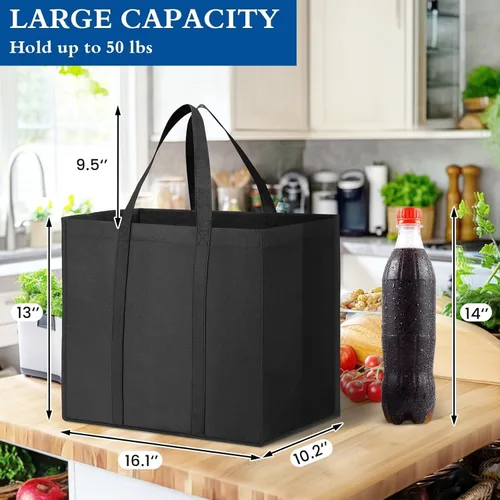 Vista 4 de WISELIFE Bolsas de compras reutilizables para comestibles, paquete de 10 bolsas grandes plegables a granel, con asa larga para compras de Negro