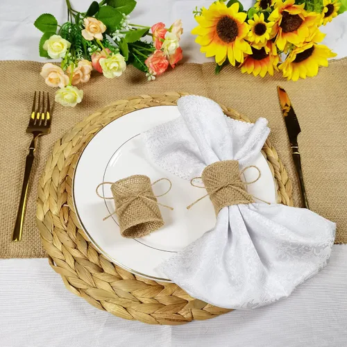 Vista 5 de Juego de 100 servilleteros de arpillera natural con cuerda de yute, servilletas desechables a granel, anillo rústico para mesas, decoraciones