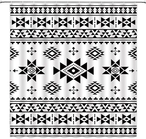 Vista 6 de Cortina de ducha azteca, color negro, blanco, bohemio, tribal, suroeste, navajo, nativo, étnico, abstracto, geométrico, triangular, a rayas