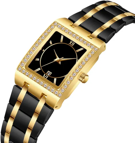 Vista 2 de CARLIEN Relojes de pulsera de acero inoxidable de lujo para mujer, bisel de diamantes, cuadrado, impermeable, calendario, analógico, reloj