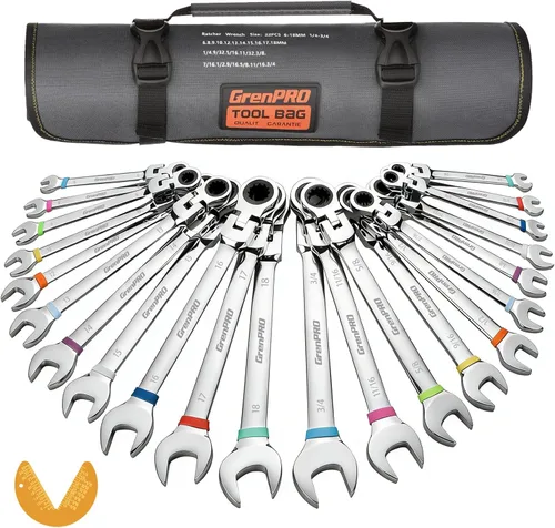 Vista 11 de GRENPRO - Juego de llaves de trinquete, juego de llaves combinadas, 22 piezas SAE y métricas y estándar, de 72ª de largo de extremo abierto, 1/4" a