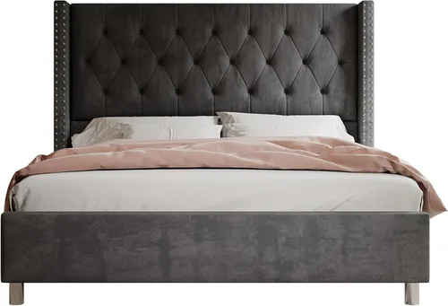 Vista 33 de Jocisland Base de cama tapizada de terciopelo tamaño King, con plataforma capitoné de perfil bajo, cabecera con alas elevadas, soporte de listones