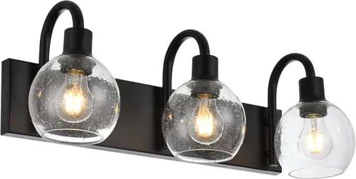 Vista 10 de Modernas Bombillas de Luz de Tocador de 3 Luces en Negro, Iluminación de Baño de Granja de Metal con Globo de Vidrio Semiesférico para Pasillo
