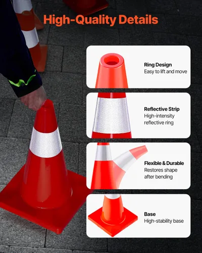 Vista 8 de VEVOR Paquete de 12 conos de tráfico de 18 pulgadas, conos de estacionamiento de seguridad en carretera, base de PVC, cono de tráfico naranja