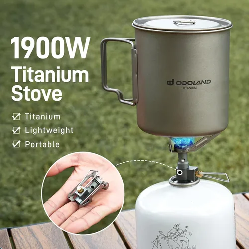 Vista 4 de Odoland Utensilios de cocina de titanio para camping, 25.4 fl oz, olla de titanio con estufa de camping y olla portátil para mochileros, senderismo