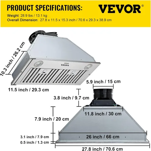 Vista 7 de VEVOR Campana de Ventilación Integrada, 800CFM 3-Velocidades, Campana de Cocina Integrada de Acero Inoxidable de 27 Pulgadas con Control de Botón