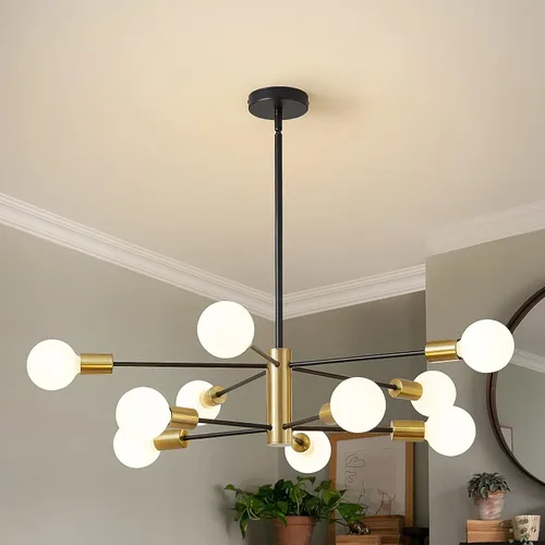 Vista 14 de RUIYEY Lámpara Sputnik Moderna, Lámpara de Techo Semiempotrada Negra y Dorada, Candelabros de Mediados de Siglo para Dormitorio, Comedor, Isla