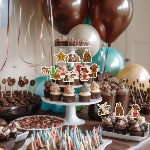 Vista 6 de Suzile 48 piezas My 1st Rodeo Cake Topper Cowboy Cupcake Toppers Hat Boot Cow Skull Cactus Enterizo Bufanda Cowgirl Cake Decor para cumpleaños