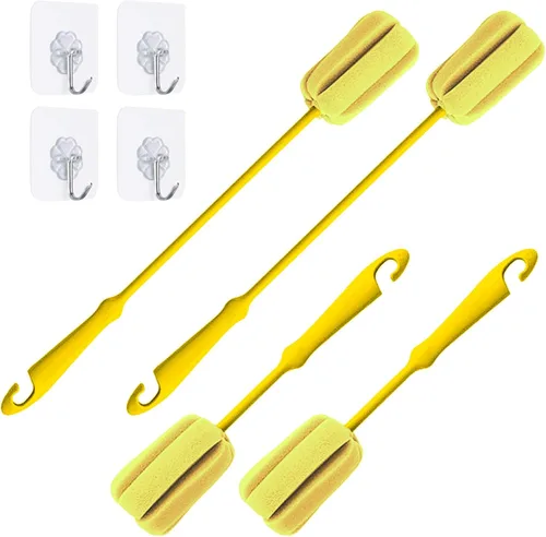 Vista 7 de Cepillo de limpieza de botellas de esponja suave azul azul con mango de plástico, cepillo de lavado de vasos, limpiador de ollas