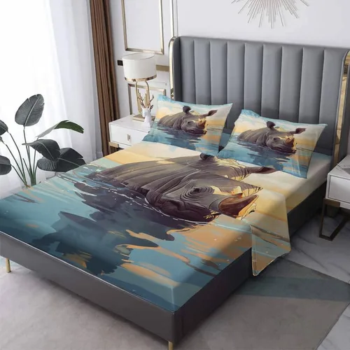 Vista 8 de Juego de sábanas para cama individual – Juego de sábanas divertidas de rinoceronte, sábanas y fundas de almohada, microfibra suave y bolsillo