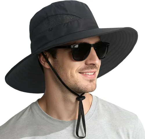 Vista 15 de NPQQUAN Sun Hats for Men Women Wide Brim UPF 50+ UV Protection Bucket Hat Gris oscuro (con malla)