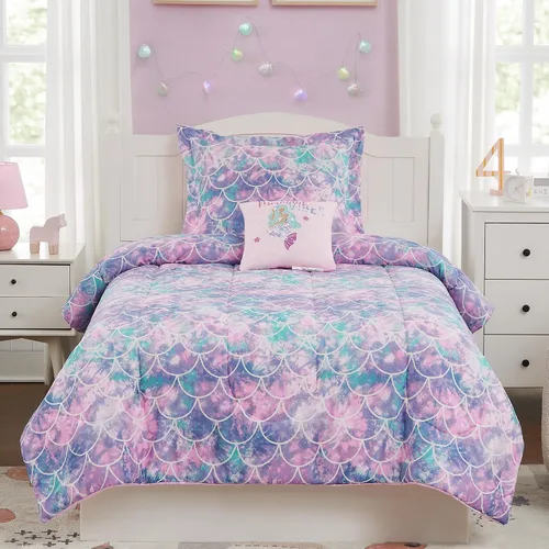 Kaleido Space - Juego de edredón doble para niñas de 3 piezas con brillo en la oscuridad, juego de ropa de cama de sirena doble XL con 1 edredón, 1