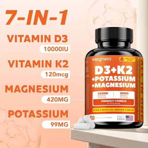 Vista 3 de Vitamina D3 K2 (MK-7) 10,000 UI con glicinato de magnesio y suplemento de potasio – Complejo sistémico para apoyo óseo, muscular, corazón, inmune