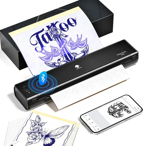 Phomemo Impresora de plantillas de tatuaje actualizada, TP81 impresora de tatuaje Bluetooth con 10 piezas de papel de transferencia, compatible con