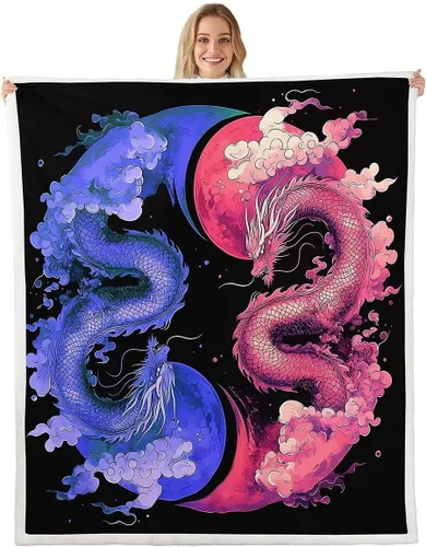 Manfei Dragon Kids Throw Blanket Chinese Blue and Pink Dragon Fuzzy Blanket for Boys Girls Adults, Cartoon Animal Blanket for Bed Couch Sofa, Soft