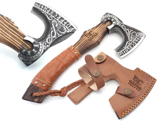 Vista 11 de QEPAA CRAFTS® Hacha Vikinga de 13 Pulgadas Forjada a Mano - Mango de Palisandro, Hachas y Hachetas, Hacha para Partir Leña, Hacha de Campamento