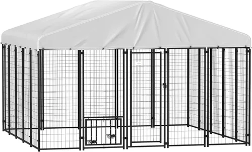 PawHut Perrera para perros al aire libre de 10 x 10 x 6 pies, alambre soldado con cuencos giratorios de 360°, cubierta impermeable y resistente a