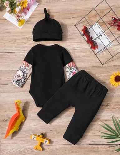 Vista 5 de Conjunto de 3 piezas de ropa para bebé y niño, manga de tatuaje, mameluco divertido y pantalones