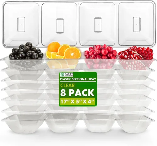 Party Bargains Bandeja rectangular seccional desechable transparente (paquete de 8) de 5 x 16 pulgadas. Bandeja de plástico con 4 compartimentos