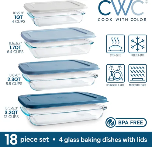 Vista 3 de COOK WITH COLOR - Juego de 8 piezas de refractarios profundos de vidrio con tapas de plástico, para hornear y almacenar alimentos, aptos para Azul