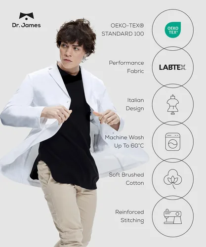 Vista 4 de Dr. James Abrigo de laboratorio unisex 100% algodón, abrigo médico blanco, ajuste clásico, 2 bolsillos en la cadera y 1 bolsillo en el pecho