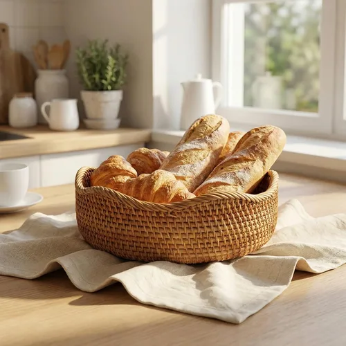 Vista 3 de YANGQIHOME Cesta de pan de ratán, cestas redondas de frutas, cuencos de almacenamiento de mimbre, cuencos de servicio tejidos naturales, cestas