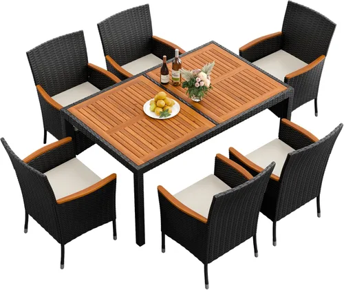 Vista 8 de Flamaker Juego de comedor de 5 piezas para patio, mesa y sillas de madera de acacia al aire libre con cojines suaves, muebles de patio de mimbre
