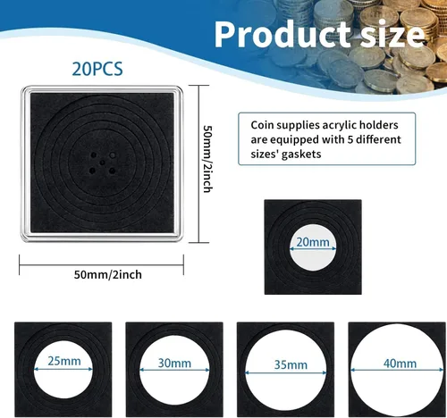 Vista 2 de 20 piezas de estuches ajustables de acrílico para colección de monedas con esponjas, soporte de monedas con cierre, estuches de protección