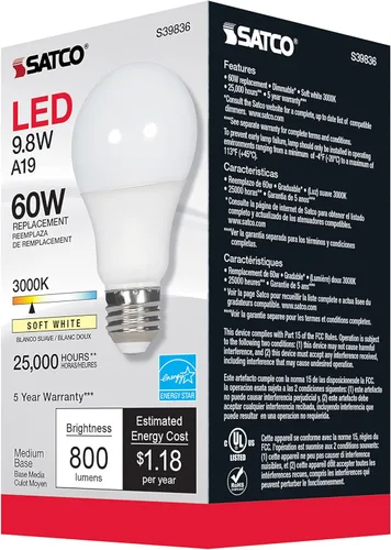 Vista 5 de Satco S39836/06 - Bombillas LED E26 de 9.8 W, 3000 K, clasificación de 25000 horas, regulable, 1 unidad (paquete de 6)