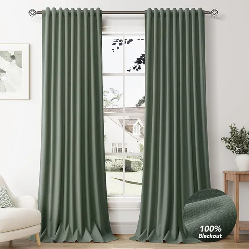 Vista 18 de Beige White 100% Blackout Curtains 84 Inch Length for Bedroom Back Tab Thick Heavy Black Out Linen Drapes Farmhouse Rustic Living Room Thermal