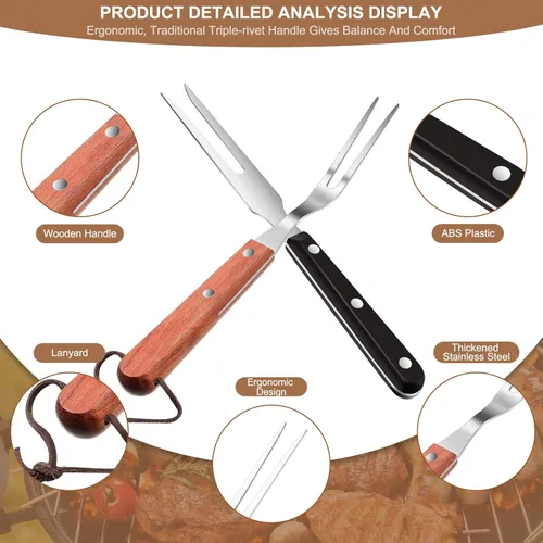 Vista 3 de 2 tenedores de carne de acero inoxidable con mango de madera para cocinar, barbacoa, parrilla, herramienta de carne para cocina, barbacoa, servir