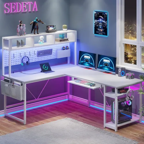 Vista 11 de SEDETA Escritorio para juegos en forma de L, escritorio reversible para computadora con toma de corriente y tablero de clavijas, escritorio