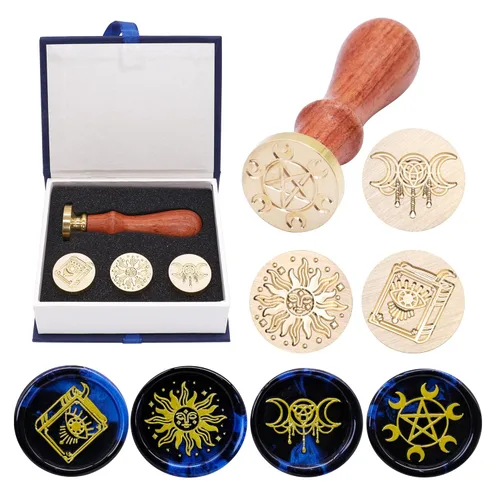 Vista 2 de SWANGSA - Juego de sellos de cera, estilo clásico, 4 cabezas de sello de cera y 1 mango de madera para invitaciones de fiesta de boda, cartas