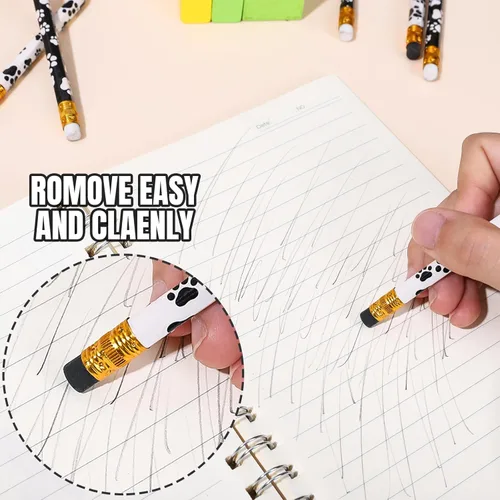 Vista 3 de Whaline 48 lápices cortos de pata de perro con borradores, lápiz de escritura de huellas blancas y negras, bonitos lápices de madera para premio