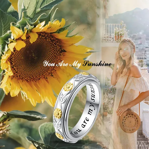 Vista 2 de Ladytree Anillo giratorio de plata de ley con diseño de girasol You Are My Sunshine, anillo para aliviar el estrés, anillo de compromiso, boda