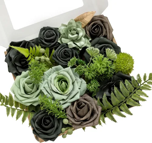 Vista 41 de Ling's moment Caja de flores artificiales, tallos de follaje artificial falso, rosas de espuma, dalia de seda, hierba de pampas, flor de tela
