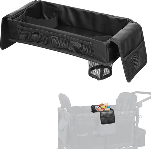 Bandeja de aperitivos para cochecito con soportes para botellas anticaídas para Wonderfold Wagon, interior de piel sintética impermeable, fácil de