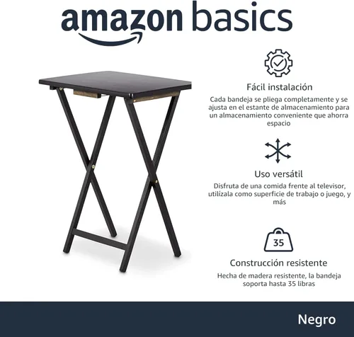 Vista 2 de Amazon Basics Cena portátil para TV, paquete de 4 unidades, mesa rectangular plegable con estante de almacenamiento, color negro, 15 x 19 x 26