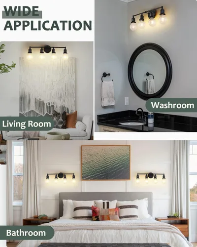 Vista 5 de Lámpara de tocador de 4 luces, aplique industrial de pared negra, lámpara de pared de baño de granja, lámpara de pared con base E26 vintage