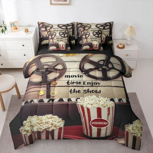 Homewish Theater Cinema Poster 7 Pieces Bed Set Twin Size | Retro Movie Comforter Set with Sheets Popcorn Sheet Set, Pillowcases & Pillow Covers