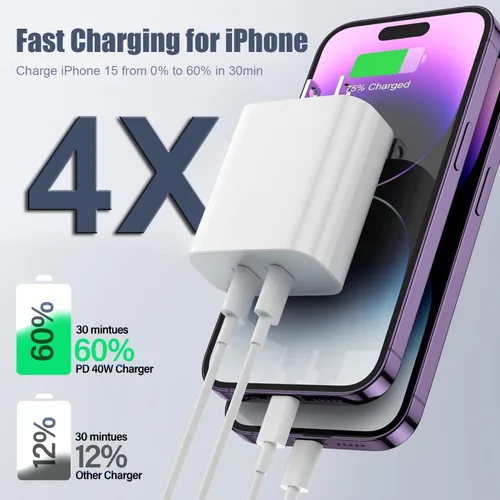 Vista 2 de Cargador para iPhone 17 Air/16e/15 Pro Max de carga rápida, paquete de 2 unidades, cargador rápido de 20 W con 2 USB C, bloque de carga rápida