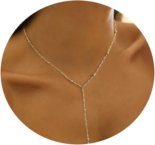 JECOMY Collar de Lariat chapado en oro de 14 quilates, delicado collar de oro largo para mujer, collar de circonita cúbica, cadena de labios, collar