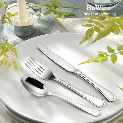 Vista 7 de HaWare Juego de cubiertos de 60 piezas para 12, cubiertos de acero inoxidable, diseño moderno con bordes de corona para el hogar, cocina, hotel